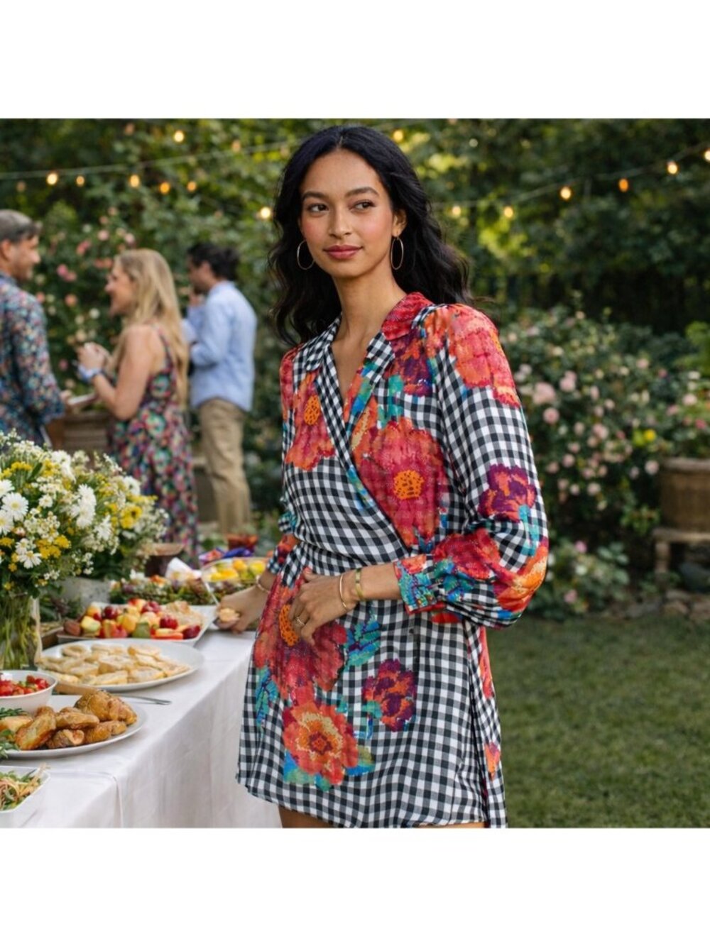 Anthropologie Farm Rio Gingham Floral Wrap Dress Women Party Long Sleeve Mini XL